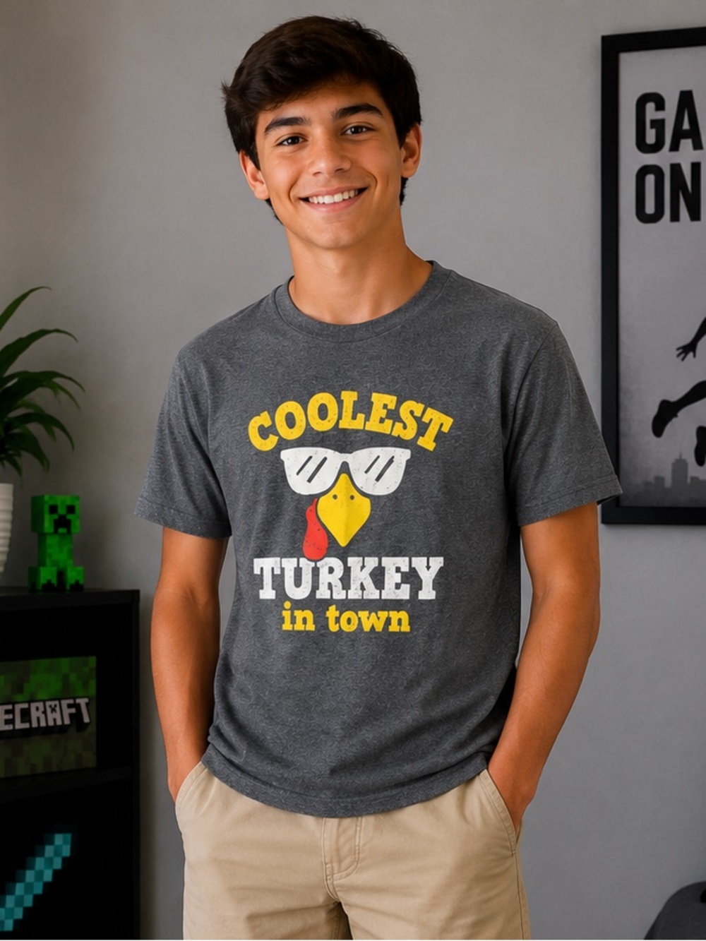 INSTANT MESSAGE Youth XL Gray White Short Slv T-Shirt “Coolest Turkey in Town”